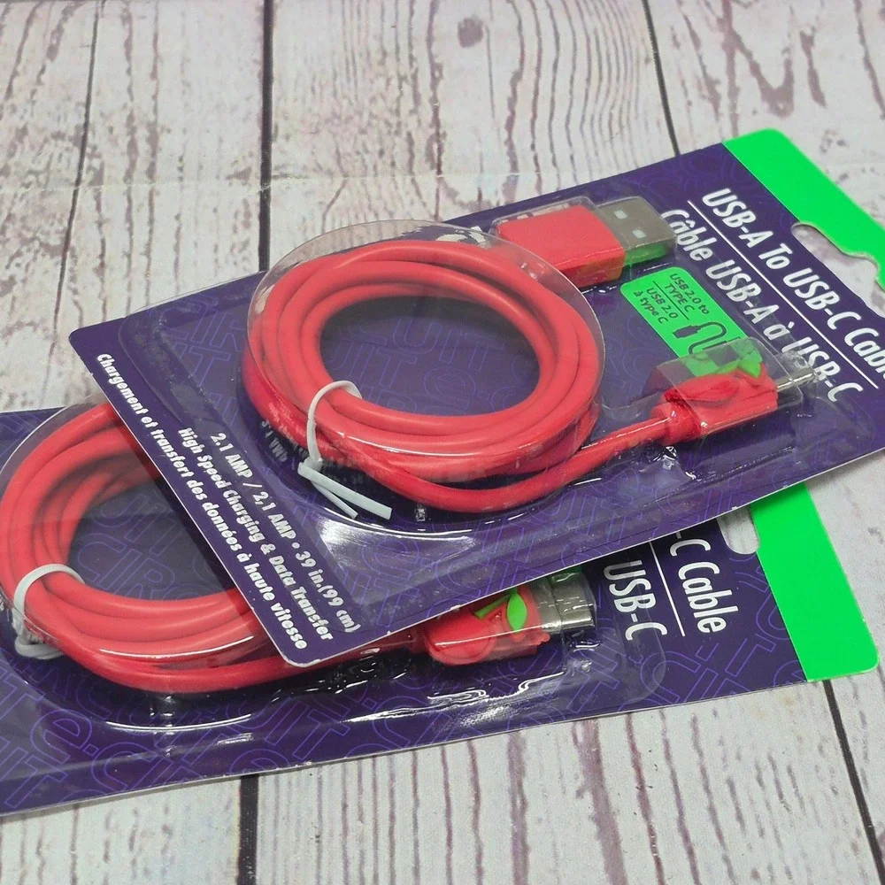 E-Circuit 2PK Red Cherry USB-A to USB-C Charging Data Cable 39in 2.1A High Speed